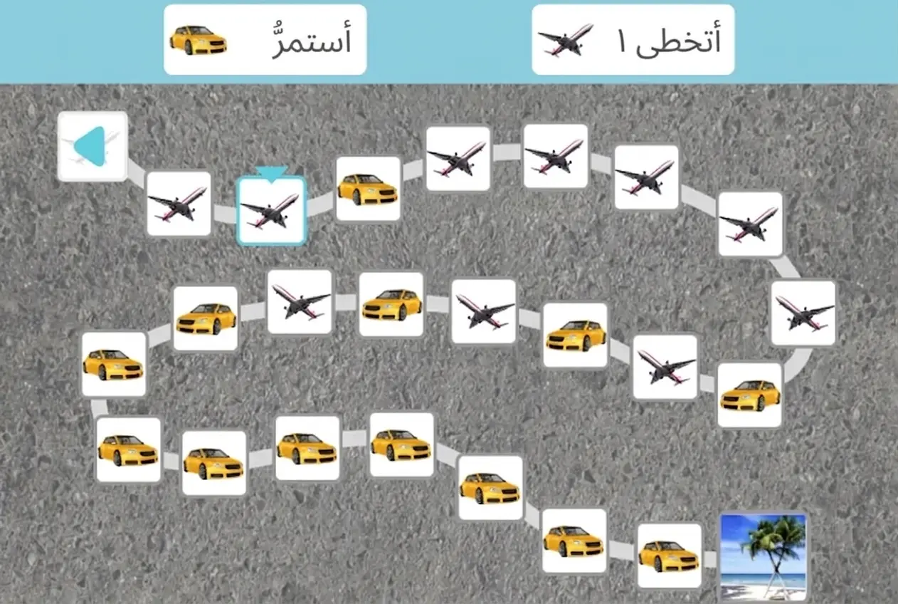 مسار من الرموز في لعبة القفز وفق القواعد: طائرات وسيارات صفراء، وتعليمتا الاستمرار والقفز خطوة واحدة، وشاطئ في النهاية.