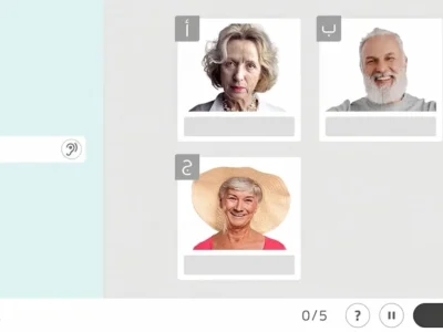 واجهة NeuronUP تتضمن الأقسام A وB وC، وفي كل قسم صورة؛ منطقة تفاعلية على اليسار وأزرار للإنهاء.