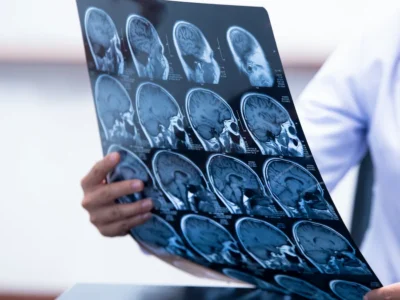 Pessoa segura radiografias e/ou imagens de ressonância magnética do cérebro, organizadas em fileiras para avaliação clínica.