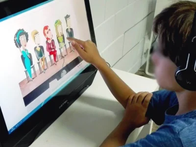 Ilustração educativa de TDAH em crianças: criança com fones de ouvido diante de um computador, apontando para a tela com ícones de atenção.
