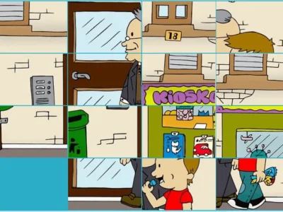 Quebra-cabeça urbano que mostra uma cena cotidiana: um homem dirige-se à porta de um prédio, a um quiosque e a uma criança com brinquedo.