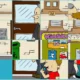 Quebra-cabeça urbano que mostra uma cena cotidiana: um homem dirige-se à porta de um prédio, a um quiosque e a uma criança com brinquedo.