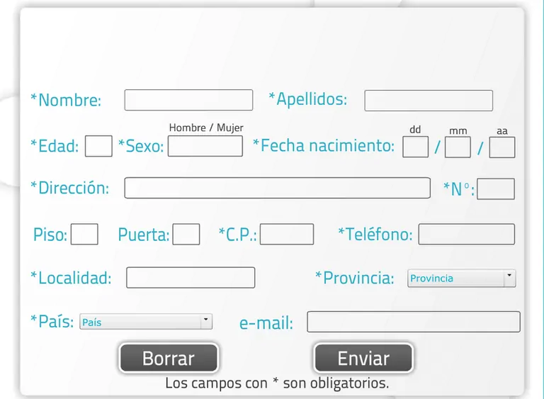 Formulário online com campos de dados pessoais visíveis: nome, idade, sexo, endereço, código postal, telefone e e-mail.