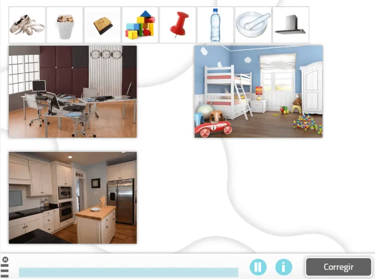 Ícones de objetos domésticos na parte superior e dois espaços abaixo: cozinha moderna e infantil com beliche e brinquedos.