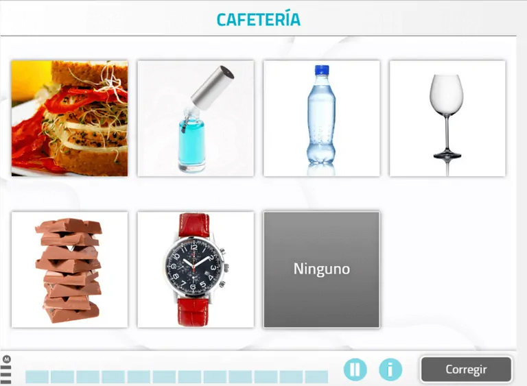 Conjunto de objetos de estimulación cognitiva: hambúrguer, frasco azul, garrafa de água, taça e relógio vermelho.