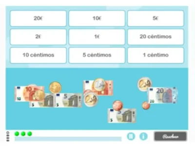 Crianças organizando notas e moedas de euros sobre uma mesa com fundo azul e botões interativos