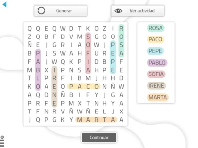 Jogo de sopa de letras no NeuronUP com os nomes Rosa, Paco, Pepe, Pablo, Sofía, Irene e Marta, e opções para gerar ou continuar.