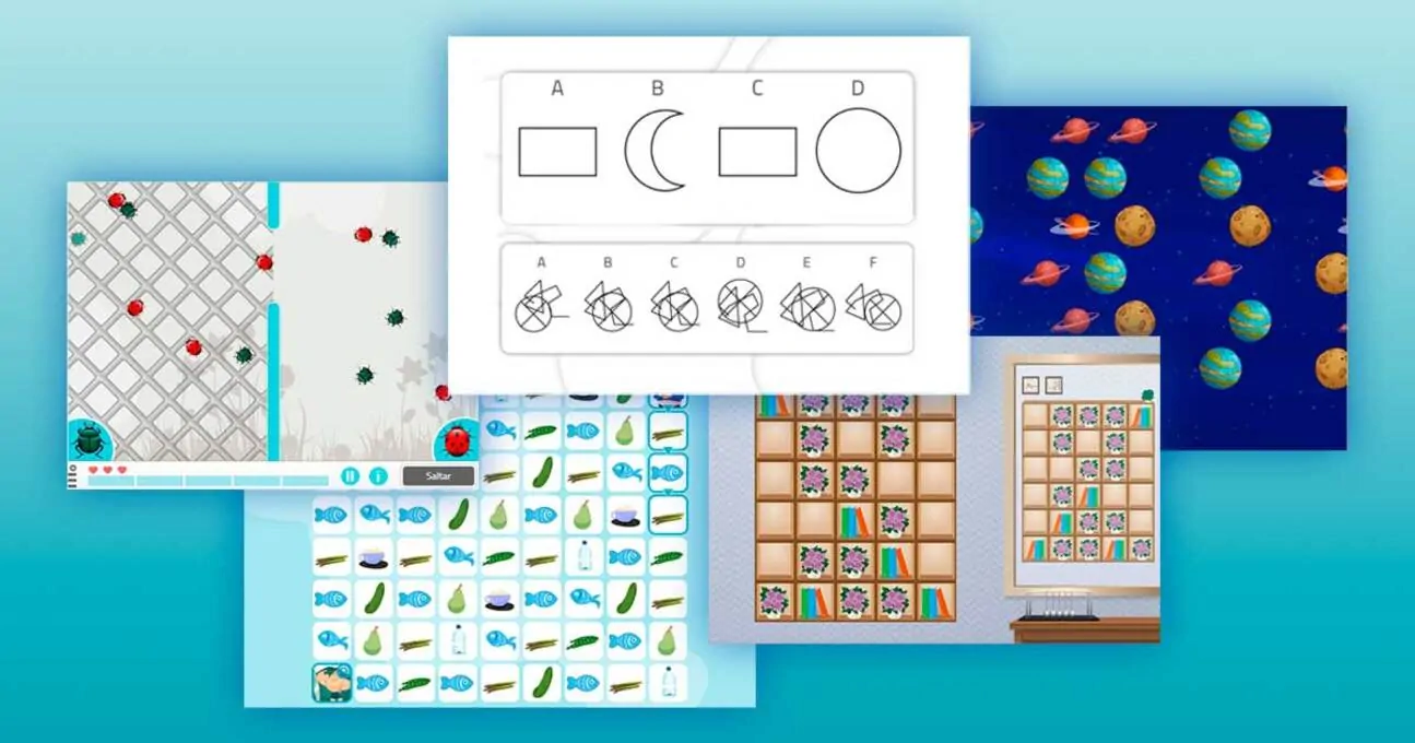 Conjunto de formas e gráficos coloridos formando um teste visual de atenção, com fundo espacial e elementos lúdicos.