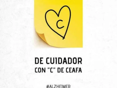 Cartaz para o Dia Mundial do Alzheimer: fundo branco, post-it amarelo com um coração e a letra C, com CEAPA.