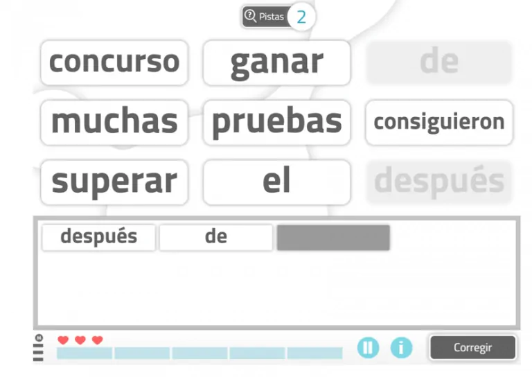 Jogo educativo com peças de letras em uma grade para formar palavras; oferece pistas e uma área para completar frases.