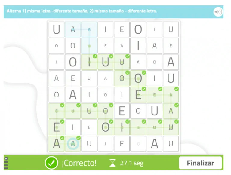 Labirinto em grade com letras A, E, I, O, U distribuídas; setas e instruções alternadas para resolvê-lo, cronômetro e mensagem de acerto.