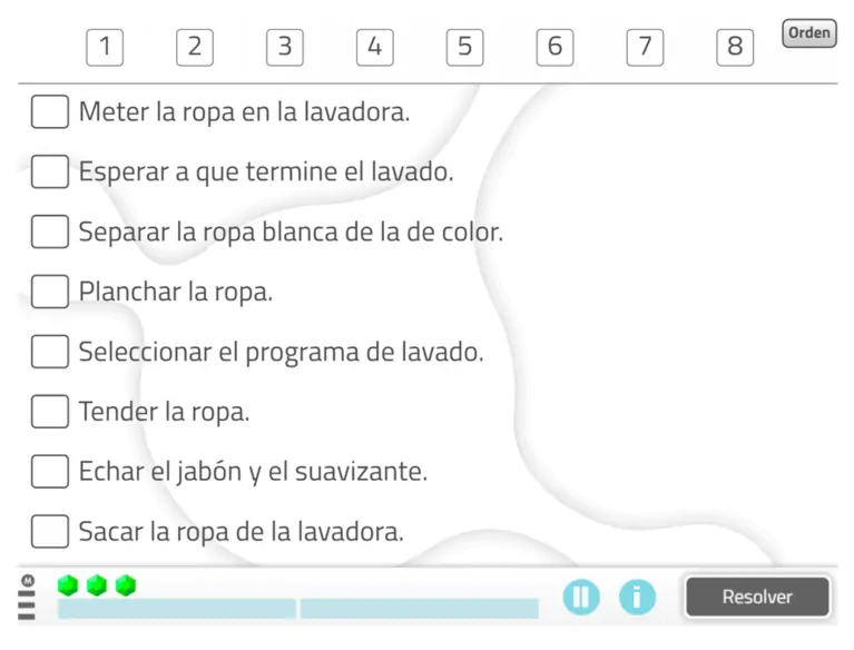 Sequência de passos para uma tarefa de lavar roupa com caixas para marcar e botão Resolver, em reabilitação cognitiva.