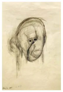Autorretrato em papel de William Utermohlen (2000), desenhado de frente com traços marcados e cores vivas.