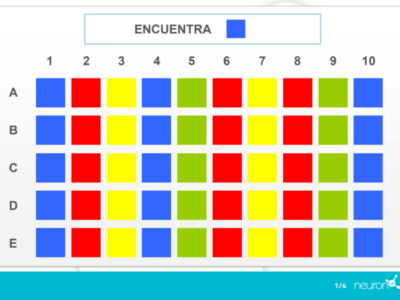 Grade 10x5 com células azuis, vermelhas, amarelas e verdes; barra ENCONTRE e um quadrado azul para exercício visual em grupo.