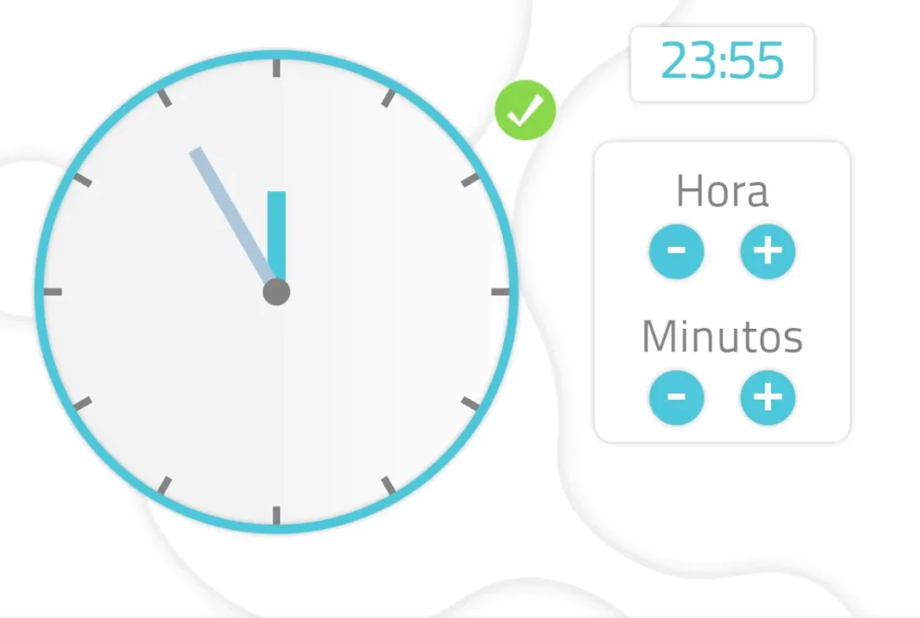 Interface de treinamento viso-espacial: relógio 23:55 sobre fundo azul, painel direito para ajustar hora (+/-) e verificação.