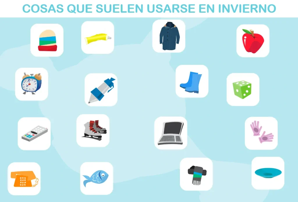 Ícones de elementos de inverno (casaco, botas, gorro, luvas, relógio, patins, laptop e peixe) sobre fundo claro.