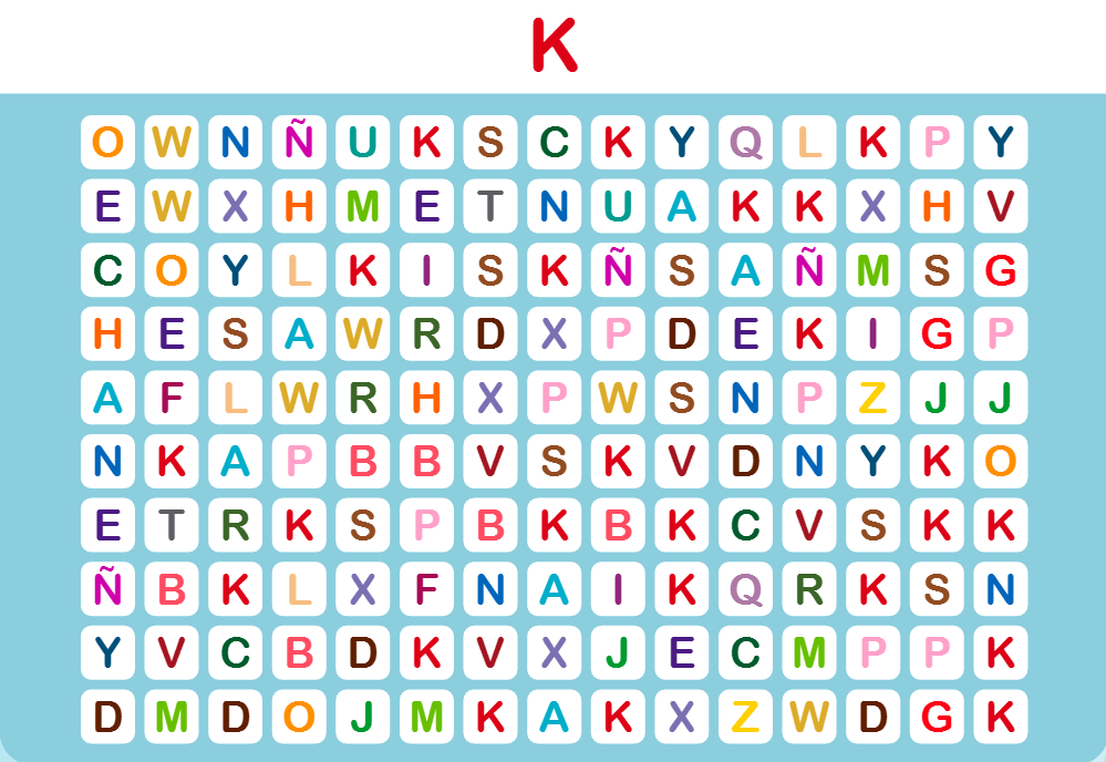 Grelha de letras em quadrados coloridos com K grande, adequada para exercícios de reconhecimento e procura de letras.
