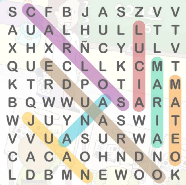 Jogo de busca de palavras numa grelha de letras, com palavras destacadas em cores; fundo escolar.
