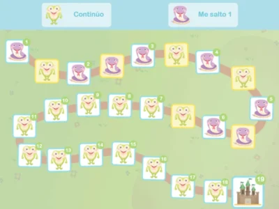 Tabuleiro de percurso com casas numeradas e rãs coloridas, com os botões Continuar e Pular 1 na parte superior.