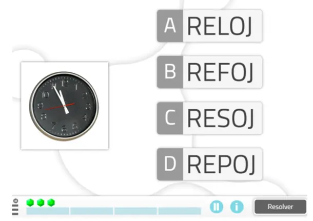 Relógio analógico preto com mostrador branco e ponteiros vermelhos; à direita, lista de palavras relacionadas com relógio.