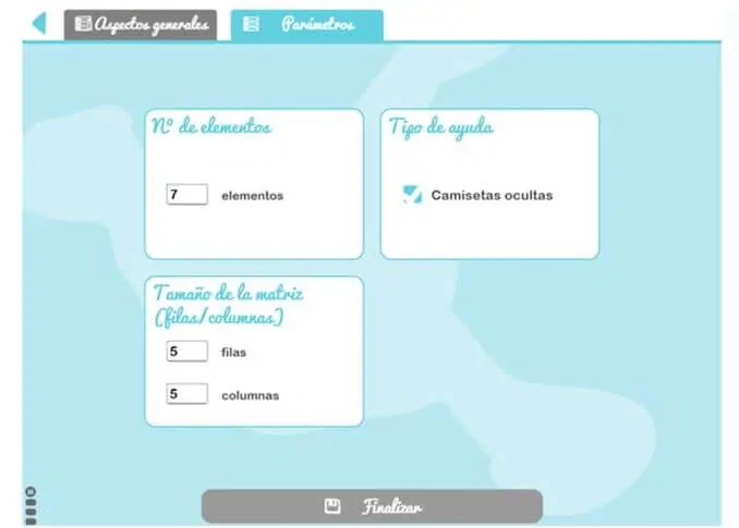 Interface educativa do jogo de memória infantil: 7 elementos, matriz 5x5 e camisetas ocultas, com botão Finalizar.