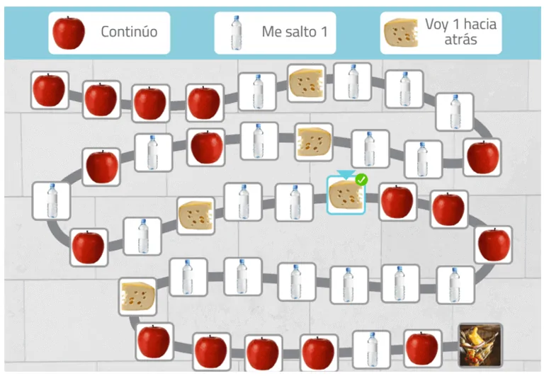 Tabuleiro de jogo em caminho reticulado com ícones de maçãs, leite e pão; observam-se botões de navegação na parte superior.