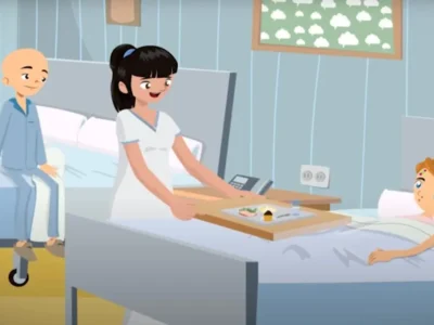 Ilustração animada de Popi e Pepa em um hospital pediátrico, com duas camas, uma enfermeira e decorações coloridas.
