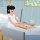 Ilustração animada de Popi e Pepa em um hospital pediátrico, com duas camas, uma enfermeira e decorações coloridas.