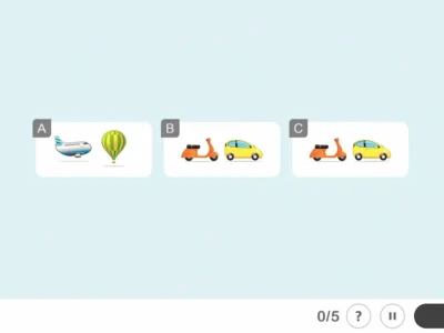 Discriminação visual com três opções de transporte em emojis: A avião/globo, B patinete/carro, C patinete/carro; e 0/5.