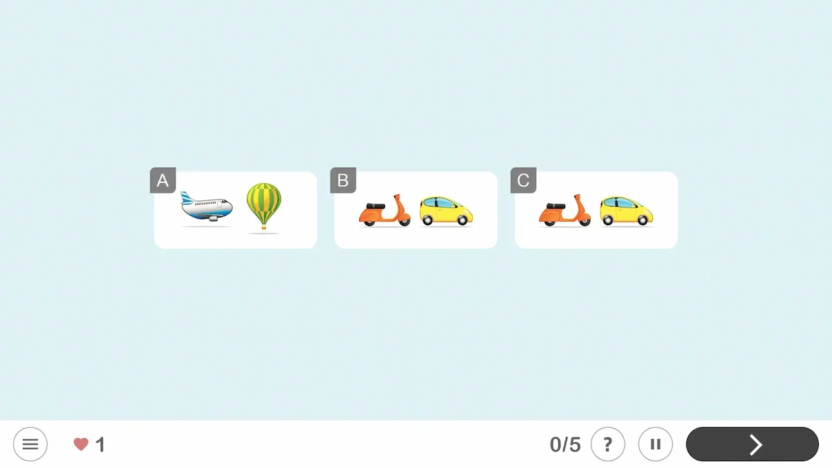 Discriminación visual con tres opciones de transporte en emojis: A avión/globo, B scooter/coche, C scooter/coche; y 0/5.