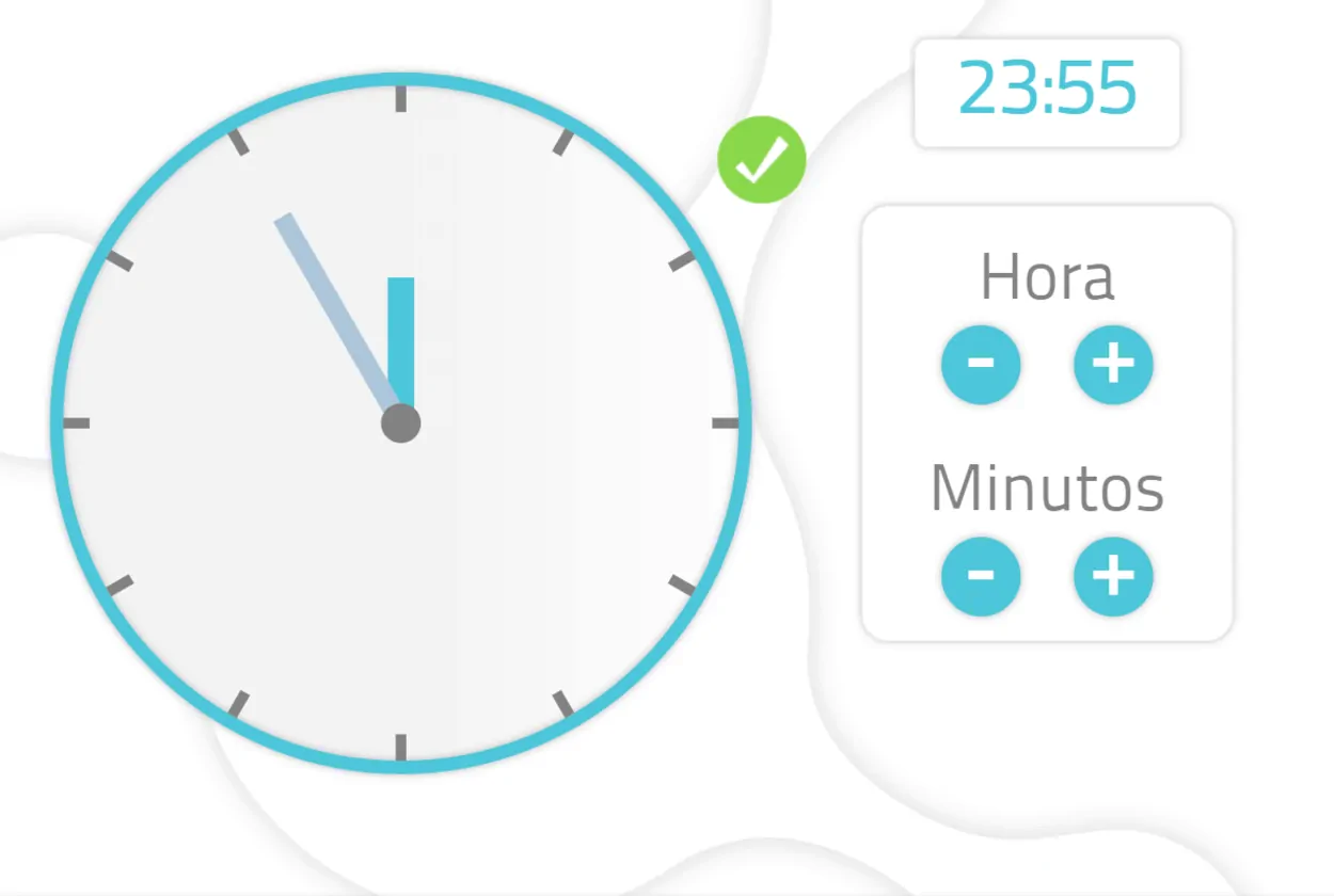 Relógio analógico em interface de reabilitação visoespacial marcando 23:55, quadro de hora/minutos e verificação verde.