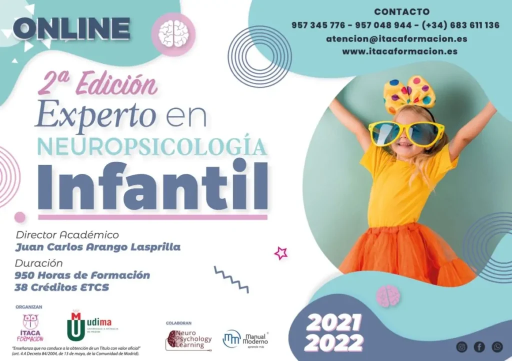 Banner colorido de Neuropsicologia Infantil para curso online da ITACA Formación, com diretor acadêmico e créditos.
