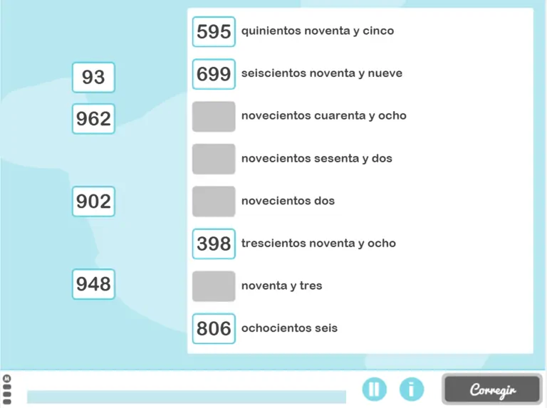 Conjunto de números em dígitos e palavras, com cifras à esquerda e palavras à direita, e inclui um botão 'Corrigir' no final.