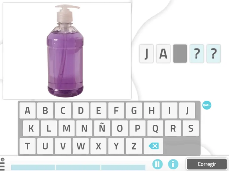 Recipiente de líquido roxo com bomba dosadora em primeiro plano, usado para nomear objetos na estimulação da linguagem.