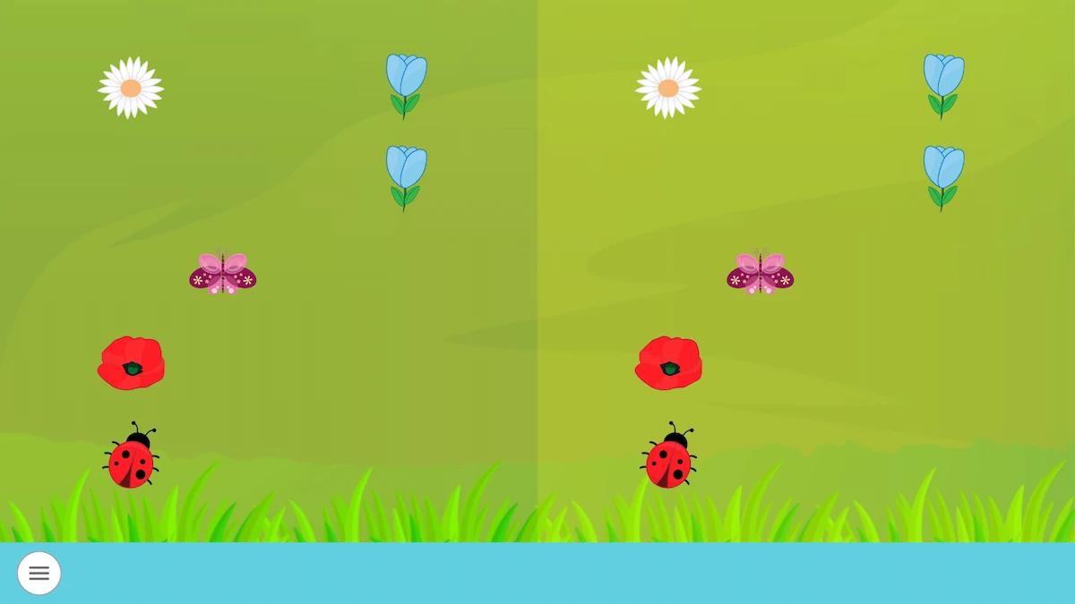 Ilustração infantil de jardim dividido en dos secciones, con flores azules y rojas, mariposas y una barra azul inferior que sugiere un menú.