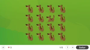 Tela de jogo com 20 cães marrons sobre fundo verde; cão móvel para apontar e controles na parte inferior.