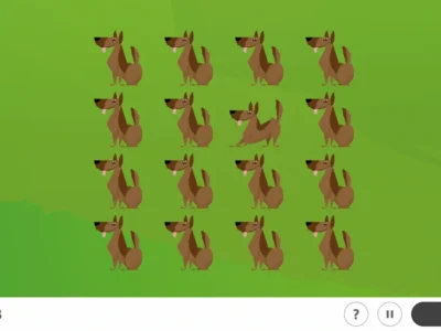 Tela de jogo com 20 cães marrons sobre um fundo verde; cão móvel para sinalizar e controles na parte inferior.