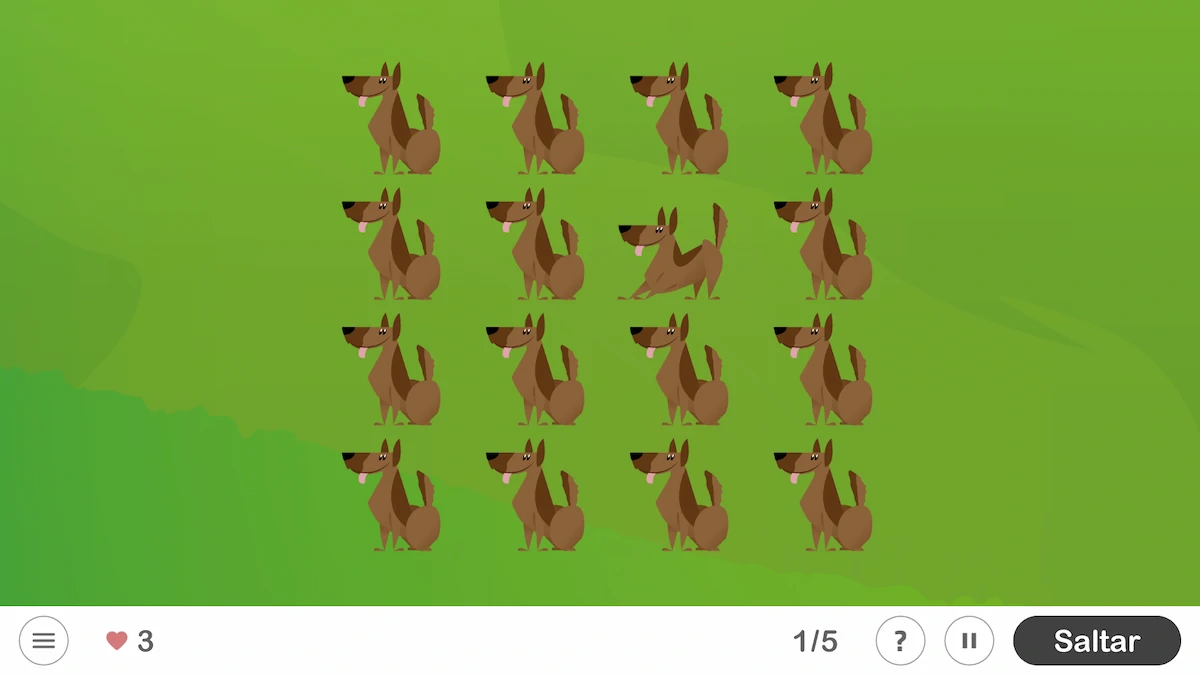 Tela do jogo com 20 cães marrons sobre fundo verde; cão móvel para apontar e controles na parte inferior.