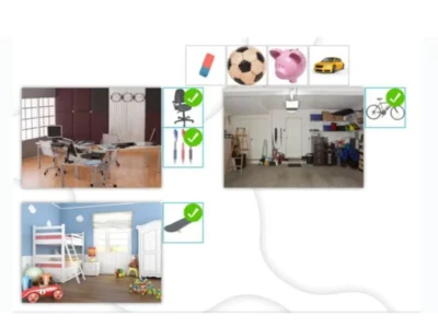 Três espaços domésticos: escritório organizado, quarto infantil colorido e garagem com objetos; na parte superior, ícones de borracha, bola, carro de brinquedo e bicicleta.