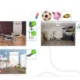 Três espaços domésticos: escritório organizado, quarto infantil colorido e garagem com objetos; na parte superior, ícones de borracha, bola, carro de brinquedo e bicicleta.
