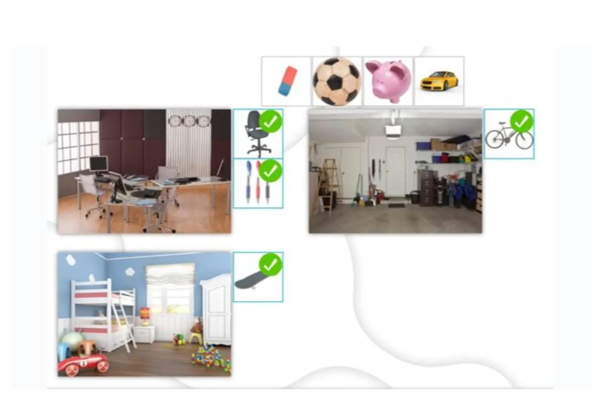 Três espaços domésticos: escritório organizado, quarto infantil colorido e garagem com objetos; na parte superior, ícones de borracha, bola, carro de brinquedo e bicicleta.
