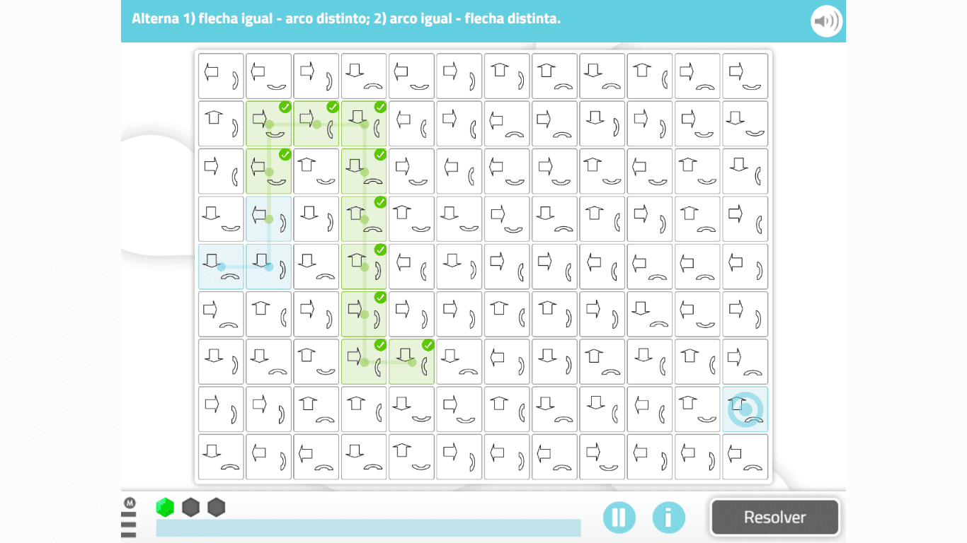 Interface de labirinto cognitivo no NeuronUP: grade com setas e arcos, instruções de relações e casas verdes.