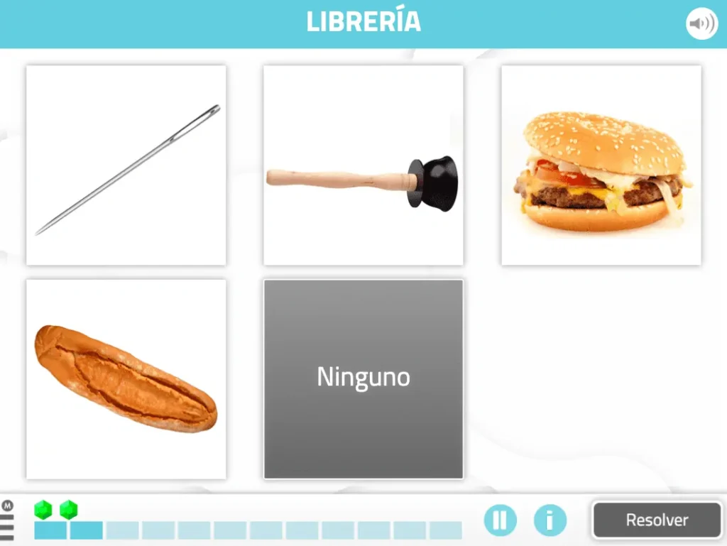 Captura de tela da ficha de orientação na NeuronUP: quatro objetos distintos (um utensílio parecido com agulha, um martelo de borracha, um hambúrguer com queijo e um pão alongado) e 'Nenhum' no centro.