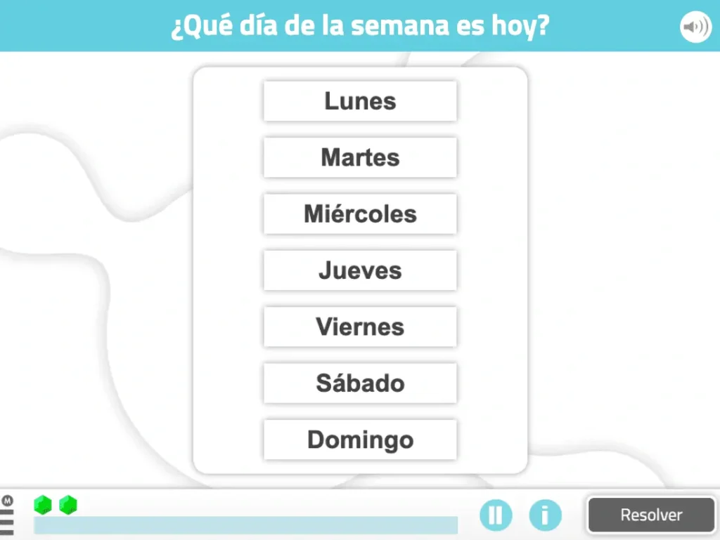 Intervenção com NeuronUP em idosos com comprometimento cognitivo leve (CCL) com a atividade "Localização no tempo" Captura de tela da atividade Localização no tempo da NeuronUP: lista de dias em espanhol e pergunta sobre o dia.