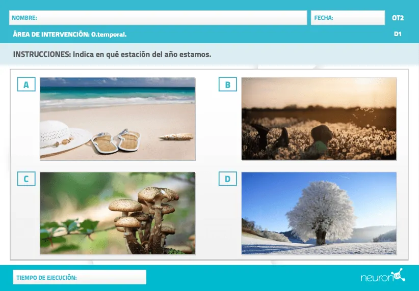 Captura de tela de uma ficha da NeuronUP chamada Estações, com quatro imagens de verão, primavera, outono e inverno.