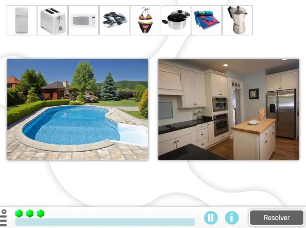 Captura de tela da atividade Objetos no lar da NeuronUP, com duas áreas: exterior com piscina e jardim e cozinha moderna.