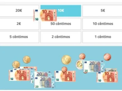 Moedas e notas em euros, organizadas para classificar por valor, em uma atividade de gnosias visuais para adultos.