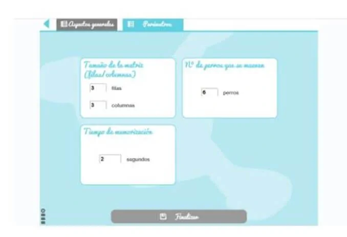 Interface educativa em azul claro com duas seções: entrada de linhas e colunas, etiqueta 6 cães e botão Finalizar.