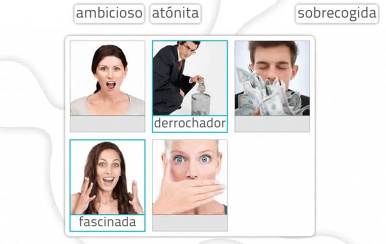 Série de retratos com expressões emocionais (surpresa, felicidade, espanto) e etiquetas como ambicioso, atrocidade e assombro.