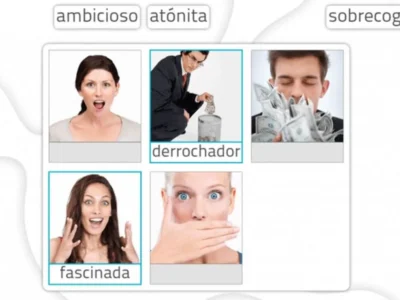 Conjunto de seis quadros com expressões faciais e palavras na parte superior: ambicioso, atônita, sobrecogida, gastador e fascinada.